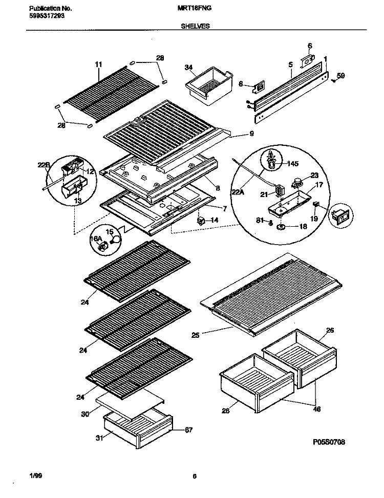 SHELVES Diagram and Parts List for MRT18FNGD1  Frigidaire Refrigerator