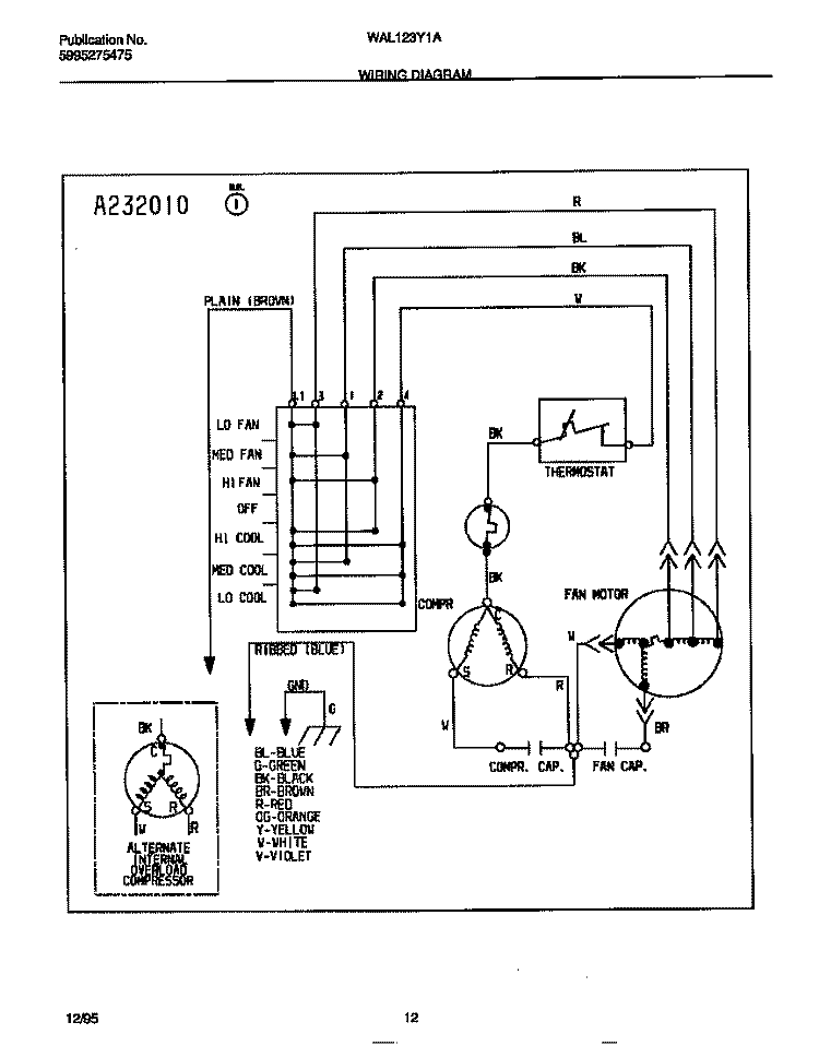 WIRING DIAGRAM Diagram and Parts List for WAL123Y1A2  Frigidaire Air Conditioner
