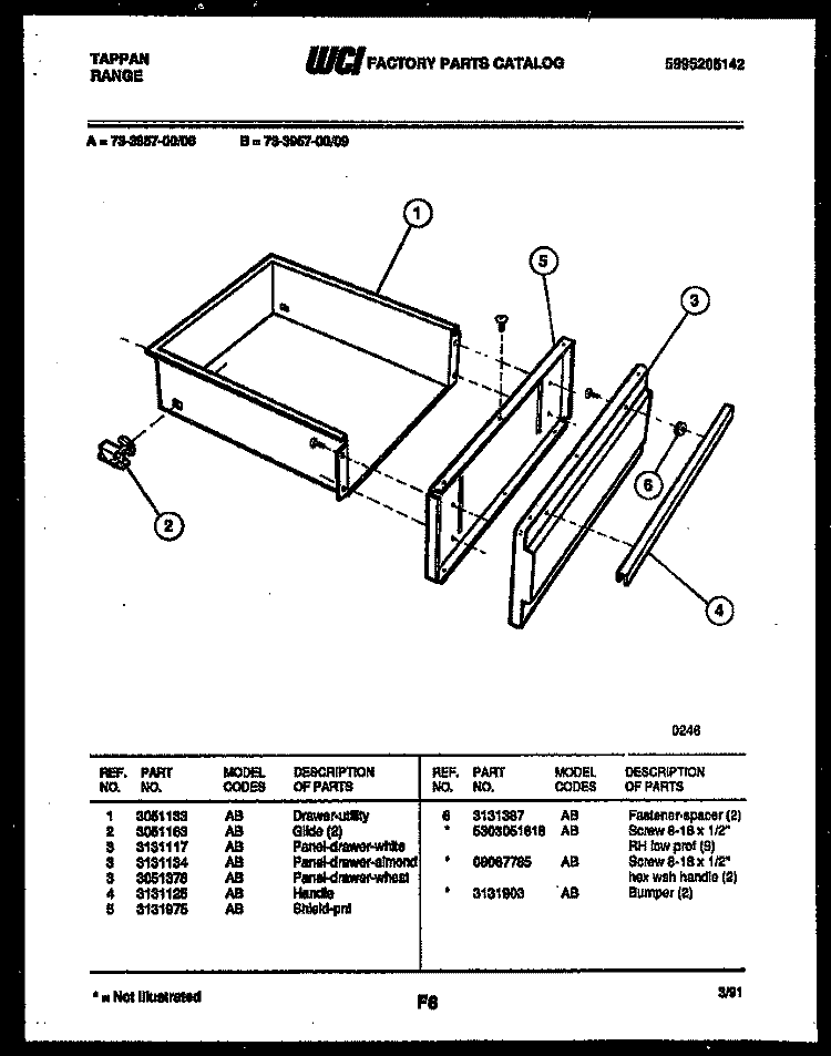 DRAWER PARTS Diagram and Parts List for 73-3957-23-09  Tappan Range