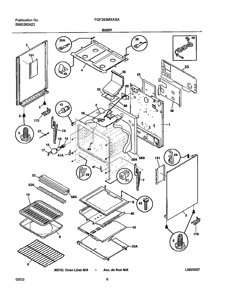 BODY Diagram and Parts List for FGF363MXASA  Frigidaire Range