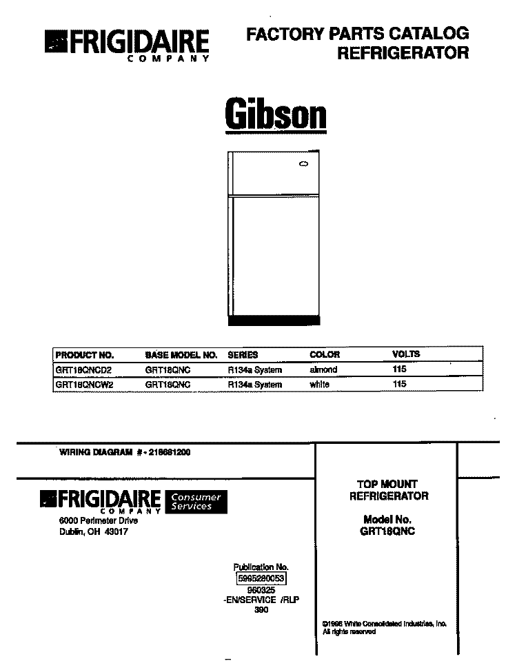 COVER Diagram and Parts List for GRT18QNCD2  Gibson Refrigerator