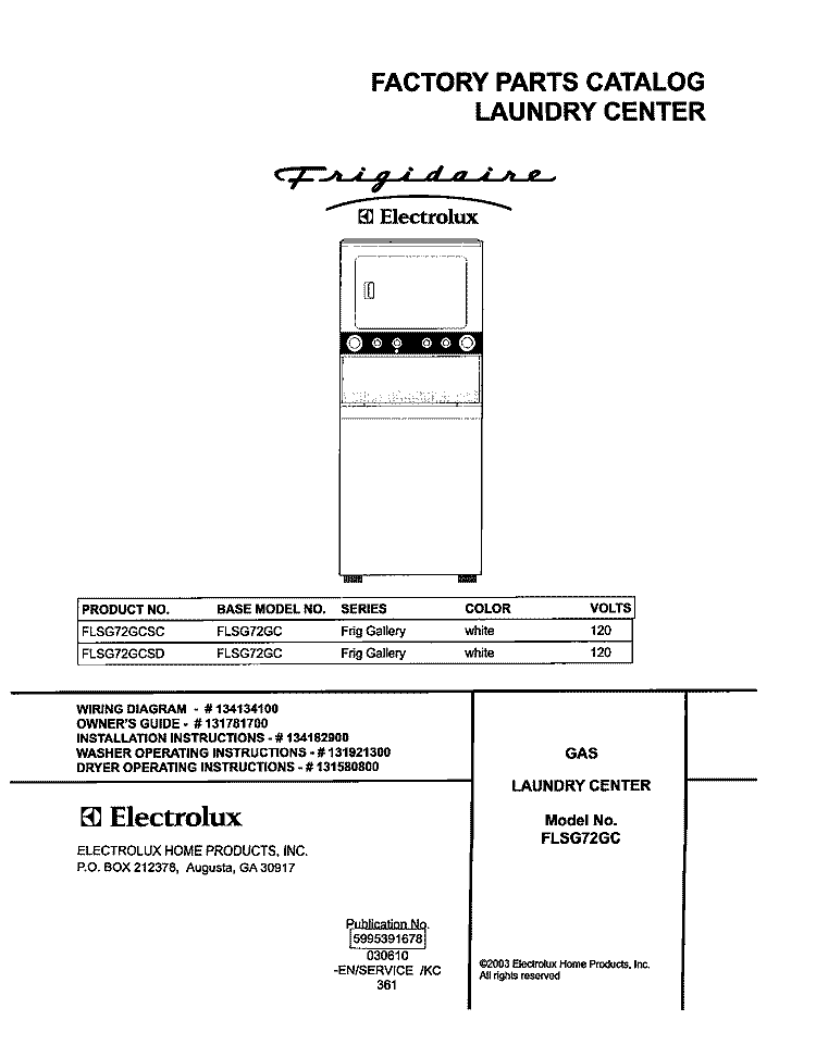 COVER Diagram and Parts List for FLSG72GCSC  Frigidaire Washer Dryer Combo