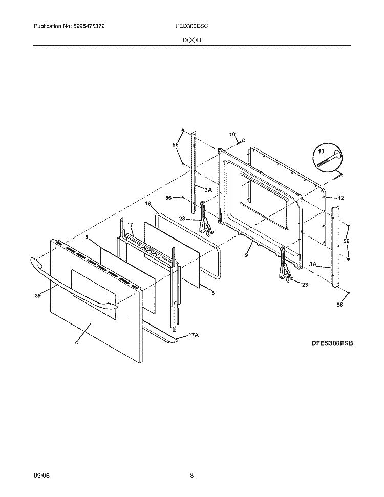 DOOR Diagram and Parts List for FED300ESC  Frigidaire Range