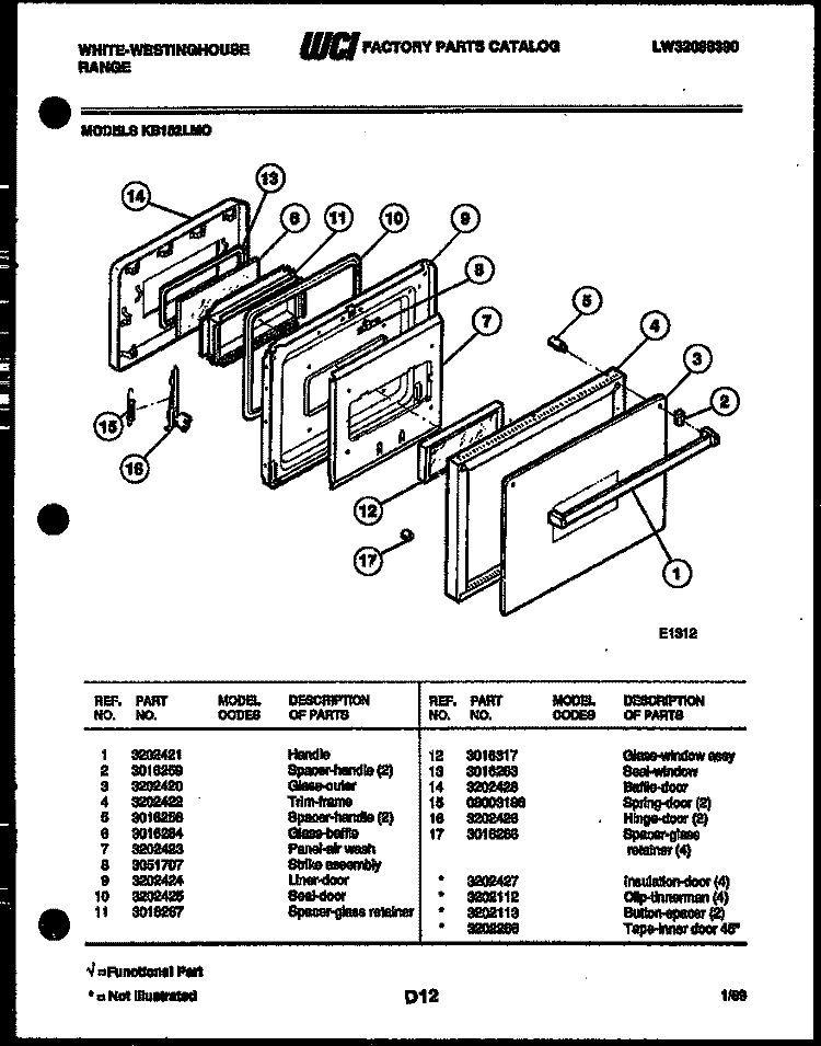 DOOR PARTS Diagram and Parts List for KB152LM0  Frigidaire Wall Oven
