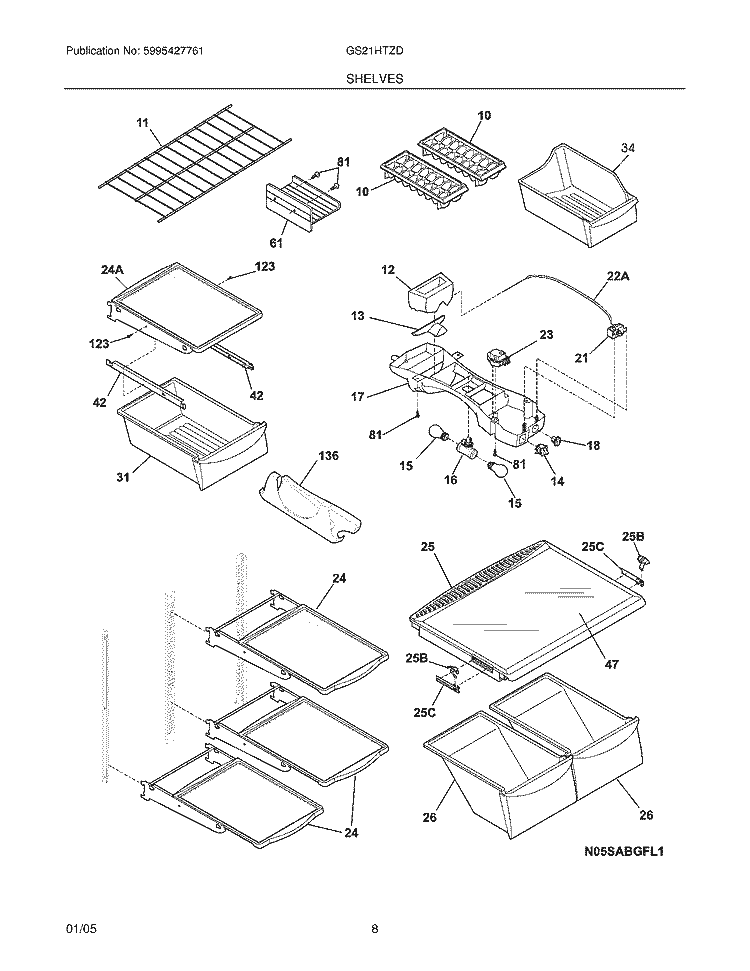 SHELVES Diagram and Parts List for GS21HTZDB2  Frigidaire Refrigerator