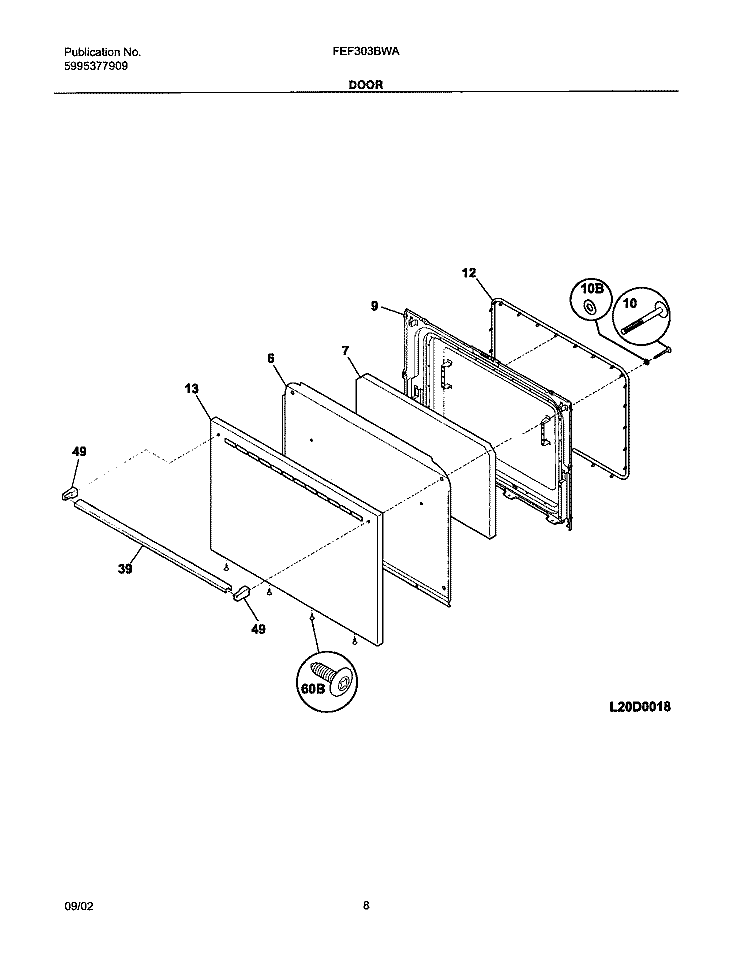 DOOR Diagram and Parts List for FEF303BWA  Frigidaire Range