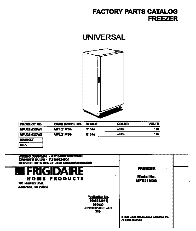 COVER Diagram and Parts List for MFU21M3GW1  Frigidaire Freezer