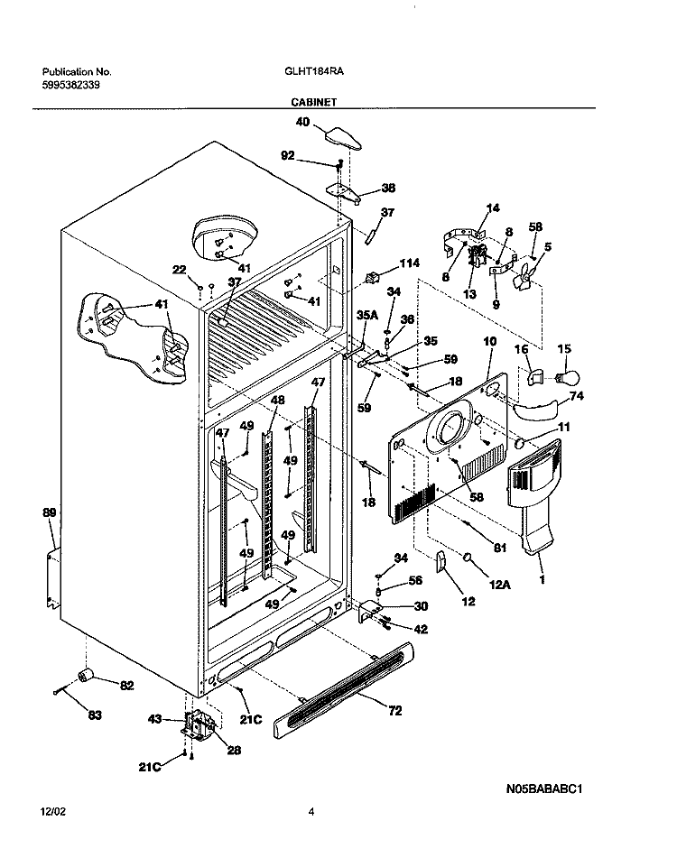 CABINET Diagram and Parts List for GLHT184RAQ4  Frigidaire Refrigerator