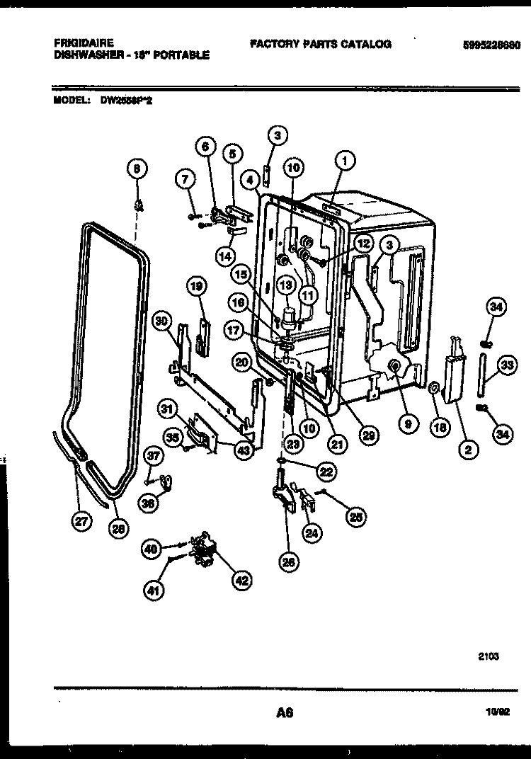 TUB AND FRAME PARTS Diagram and Parts List for DW2558PW2  Frigidaire Dishwasher