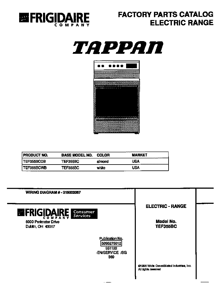 COVER Diagram and Parts List for TEF355BCDB  Tappan Range
