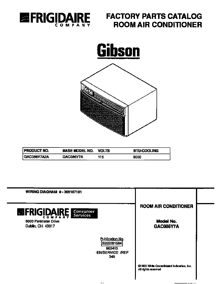 COVER Diagram and Parts List for GAC086Y7A2A  Gibson Air Conditioner