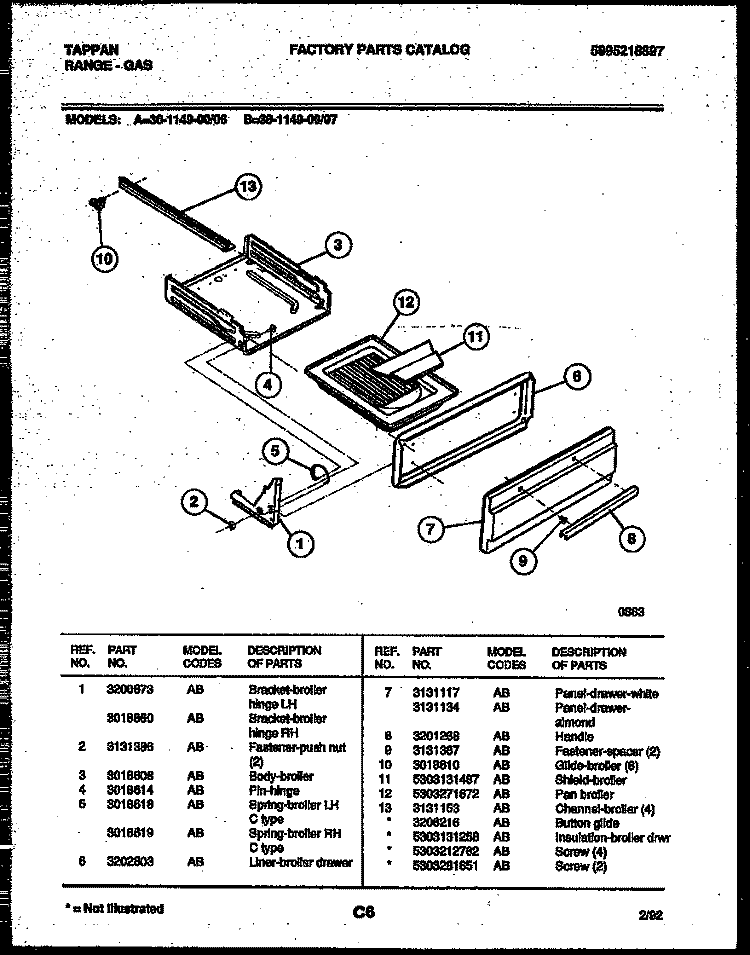 BROILER DRAWER PARTS Diagram and Parts List for 30-1149-00-07  Tappan Range