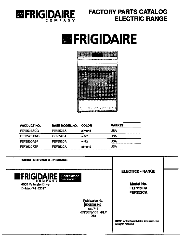 COVER Diagram and Parts List for FEF352CASF  Frigidaire Range