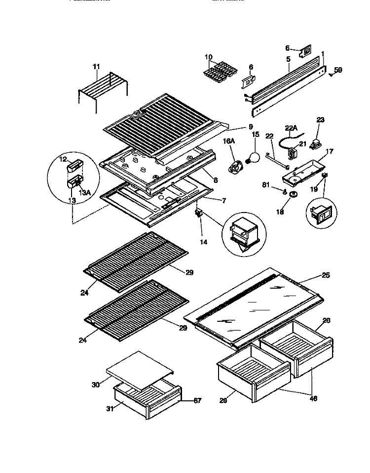 SHELVES / CONTROLS Diagram and Parts List for MRT15DNCW0  Frigidaire Refrigerator