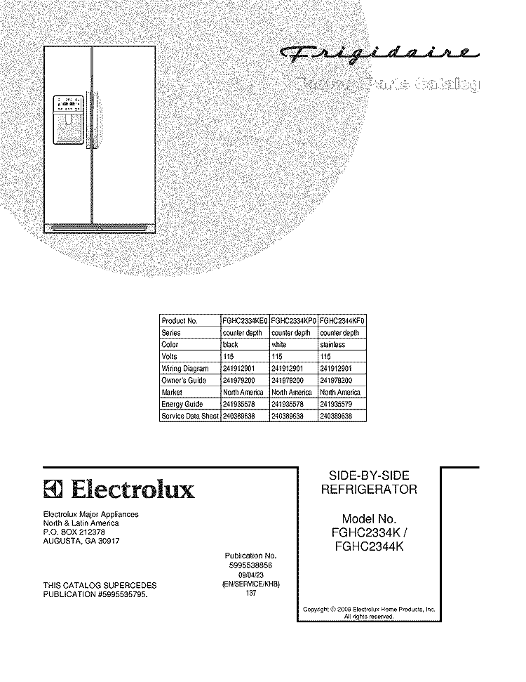 COVER Diagram and Parts List for FGHC2344KF0  Frigidaire Refrigerator