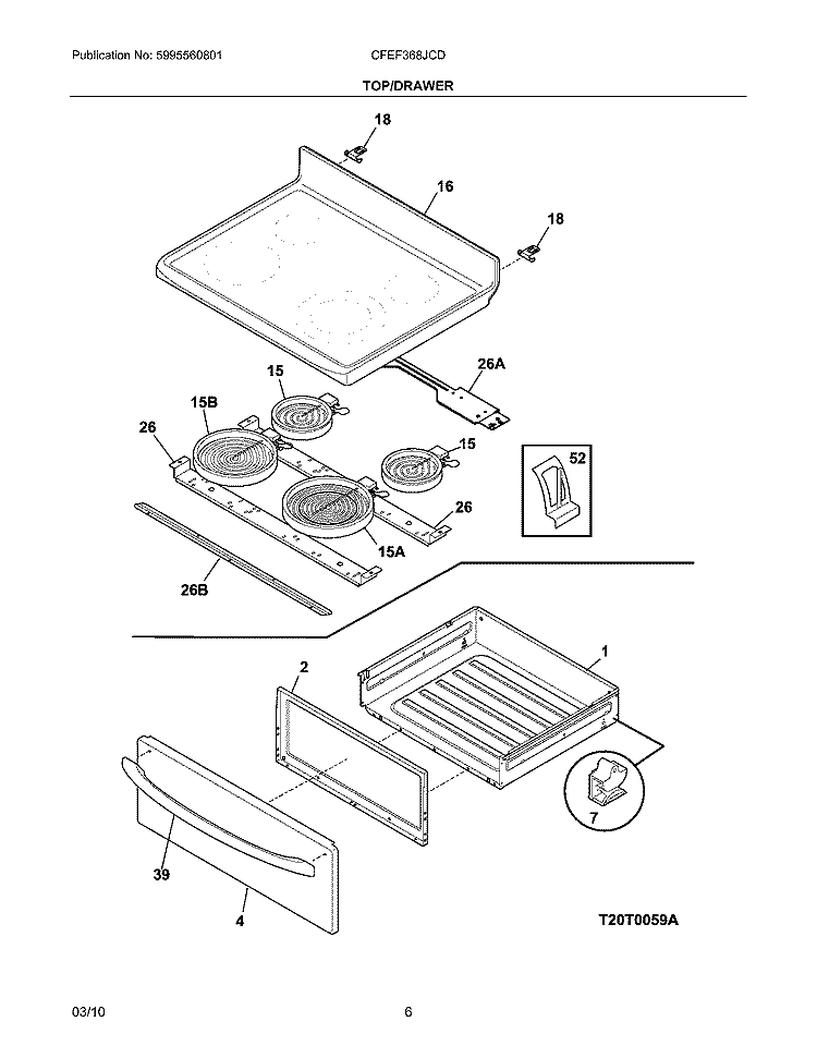 TOP/DRAWER Diagram and Parts List for CFEF368JCD  Frigidaire Range