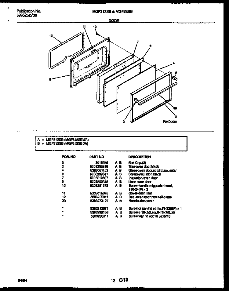 DOOR PARTS Diagram and Parts List for MGF312SBWA  Frigidaire Range