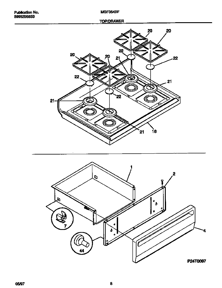 TOP / DRAWER Diagram and Parts List for MGF354BFDA  Frigidaire Range