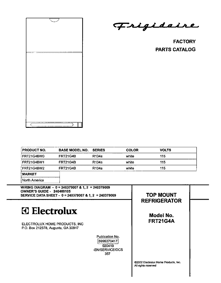 COVER Diagram and Parts List for FRT21G4BW0  Frigidaire Refrigerator
