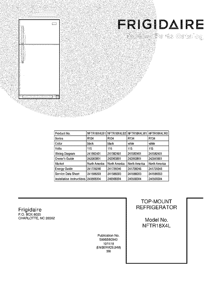 COVER Diagram and Parts List for NFTR18X4LW2  Frigidaire Refrigerator