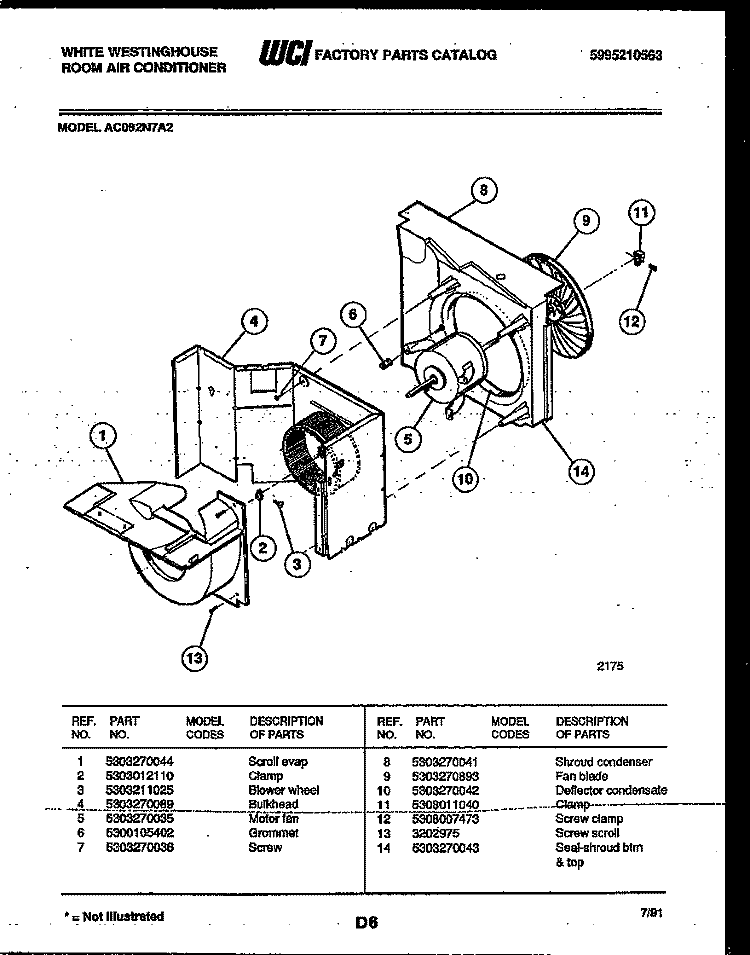 AIR HANDLING PARTS Diagram and Parts List for AC082N7A2  Frigidaire Air Conditioner