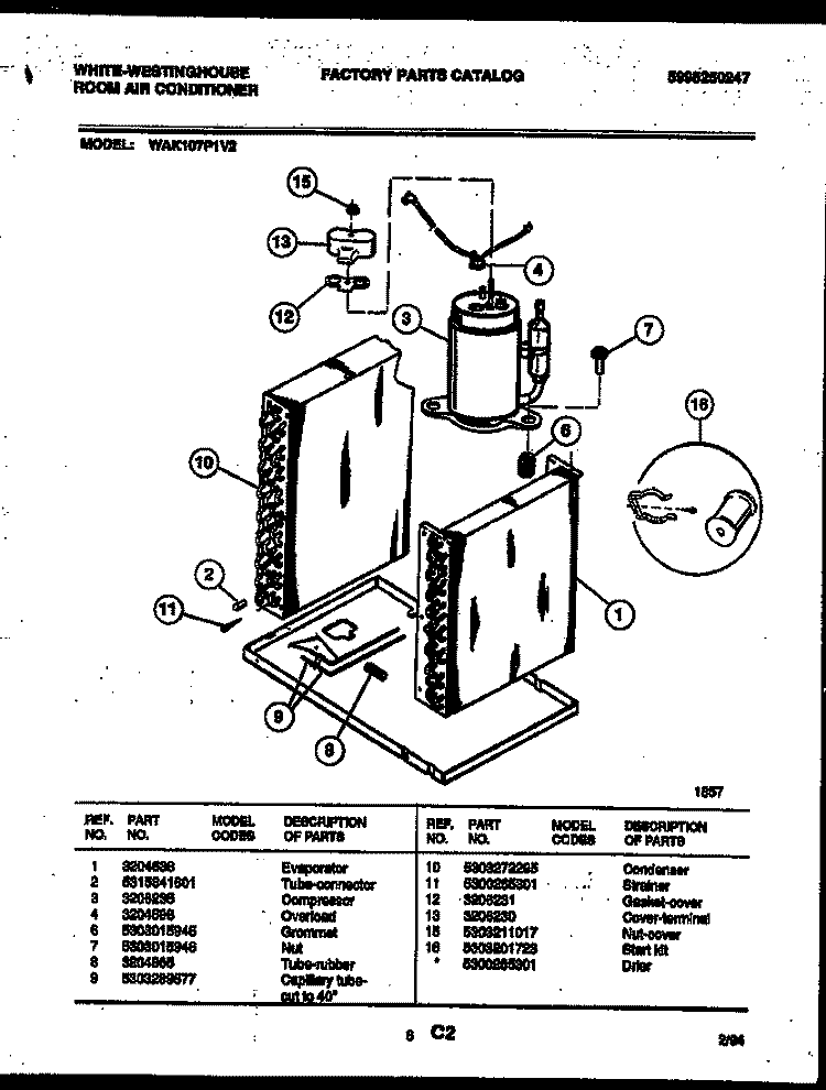COMPRESSOR PARTS Diagram and Parts List for WAK107P1V2  Frigidaire Air Conditioner