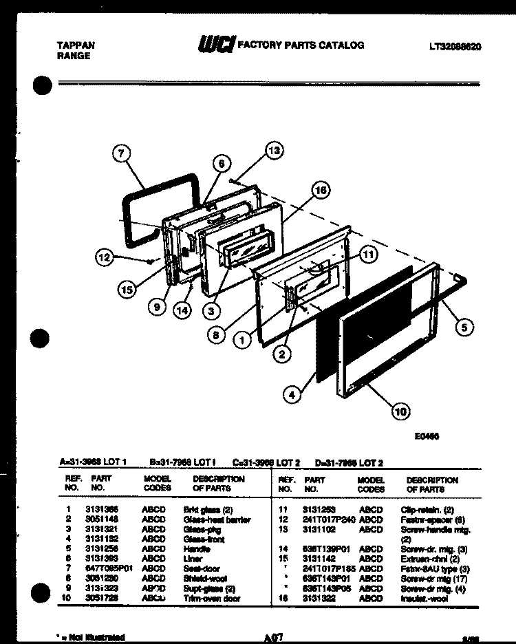 DOOR PARTS Diagram and Parts List for 31-3968-66-02  Tappan Range