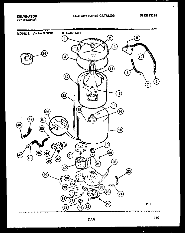 TUB DETAIL Diagram and Parts List for AW301KD1  Kelvinator Washer