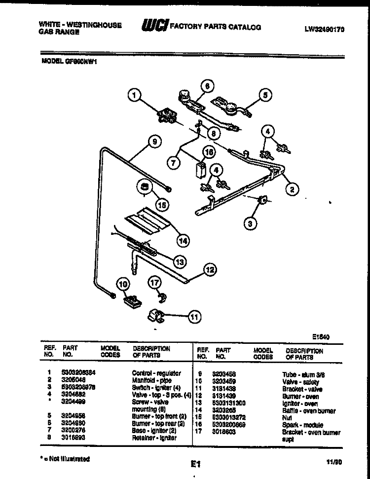 BURNER, MANIFOLD AND GAS CONTROL Diagram and Parts List for GF860ND1  Frigidaire Range