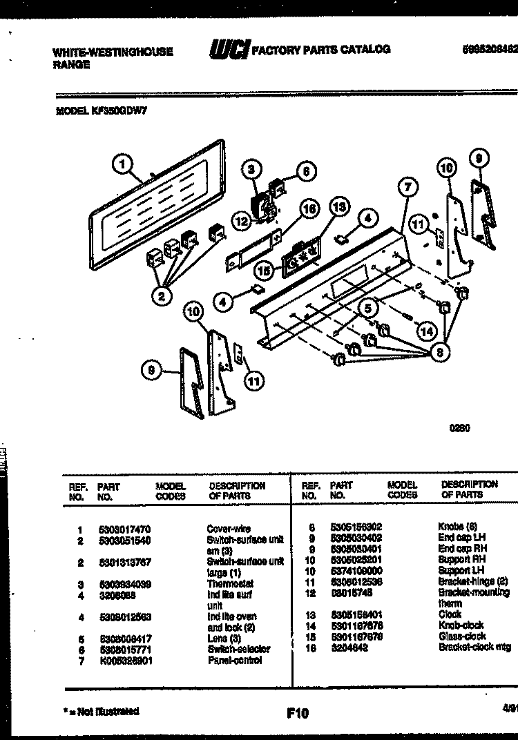 CONTROL PANEL Diagram and Parts List for KF350GDD7  Frigidaire Range