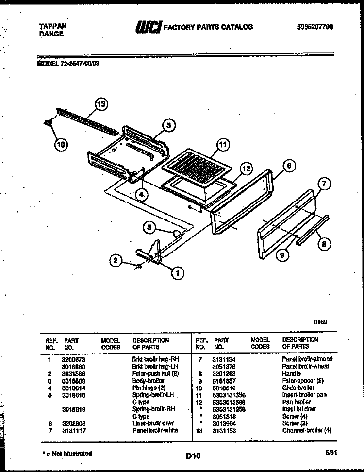 BROILER DRAWER PARTS Diagram and Parts List for 72-2547-23-09  Tappan Range