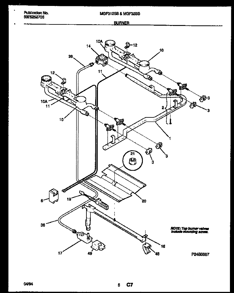 BURNER, MANIFOLD AND GAS CONTROL Diagram and Parts List for MGF322BBWA  Frigidaire Range