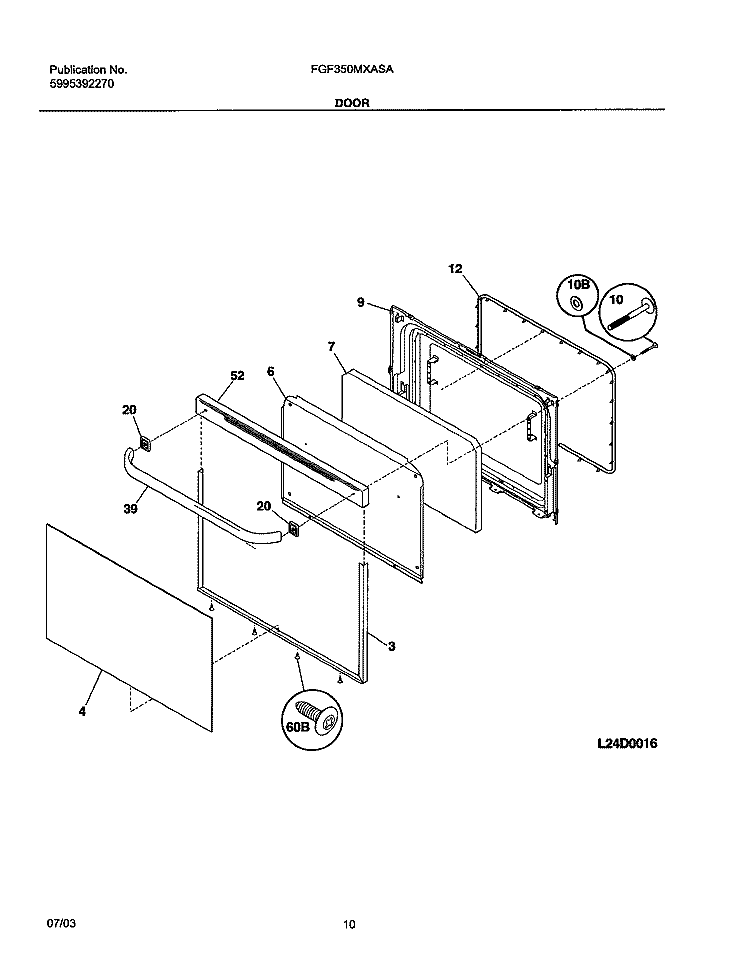 DOOR Diagram and Parts List for FGF350MXASA  Frigidaire Range