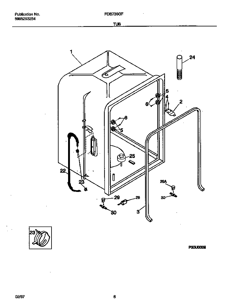 TUB Diagram and Parts List for FDB736GFS2  Frigidaire Dishwasher