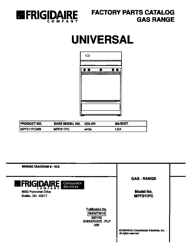 COVER Diagram and Parts List for MPF311PCWB  Frigidaire Range
