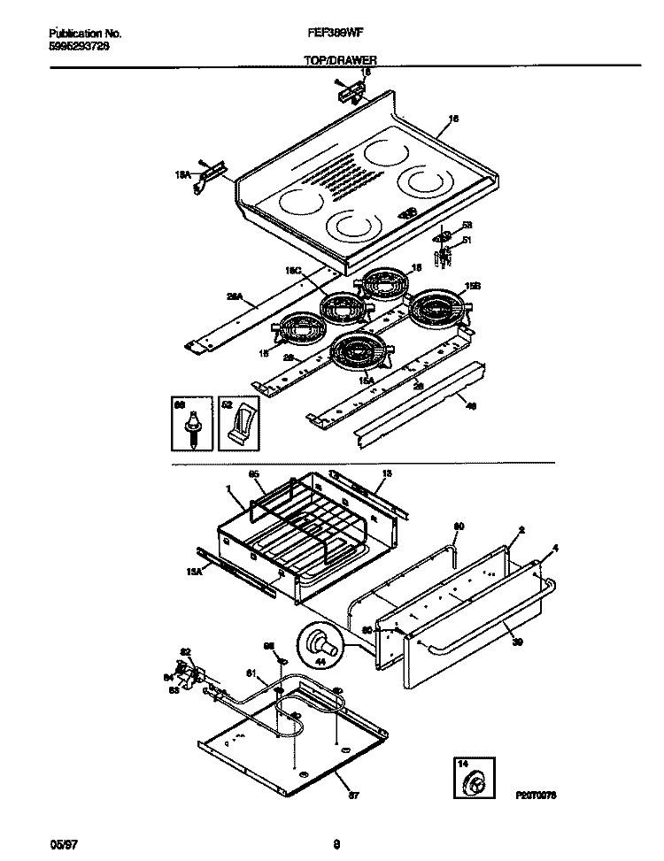TOP / DRAWER Diagram and Parts List for FEF389WFSA  Frigidaire Range