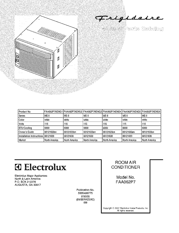 COVER Diagram and Parts List for FAA062P7AENG4  Frigidaire Air Conditioner