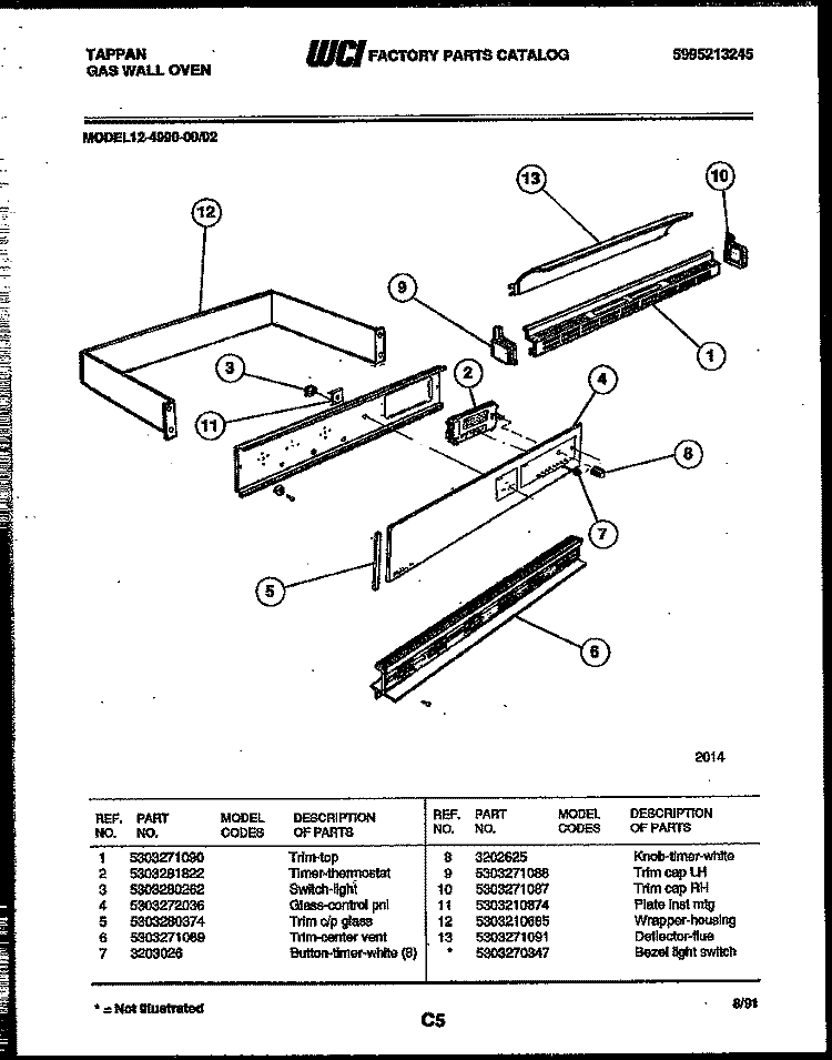 CONTROL PANEL Diagram and Parts List for 12-4990-00-02  Tappan Wall Oven