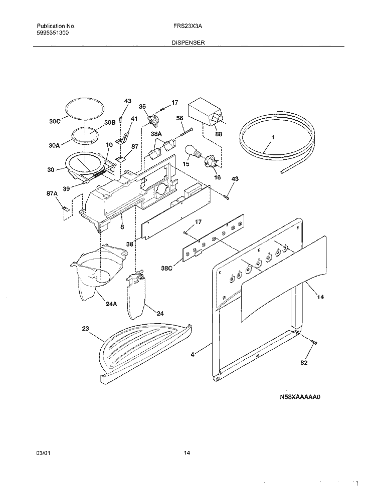ICE & WATER DISPENSER Diagram and Parts List for FRS23X3AW0  Frigidaire Refrigerator