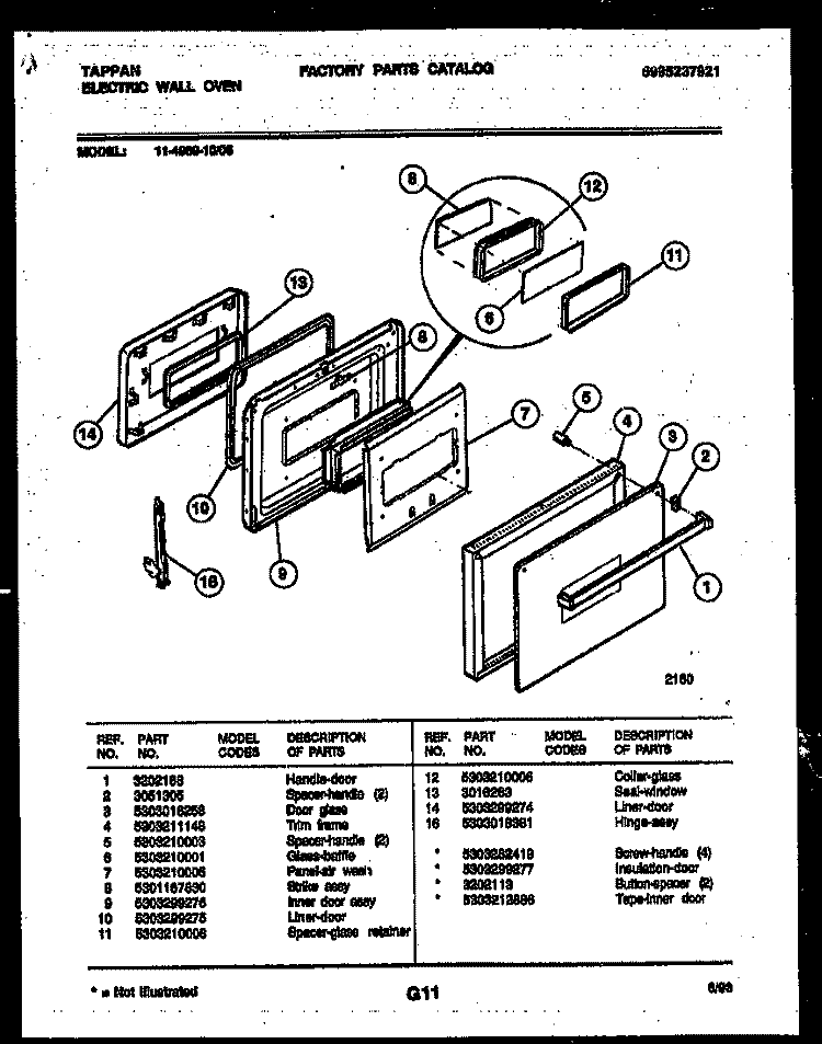 DOOR PARTS Diagram and Parts List for 11-4969-00-05  Tappan Wall Oven