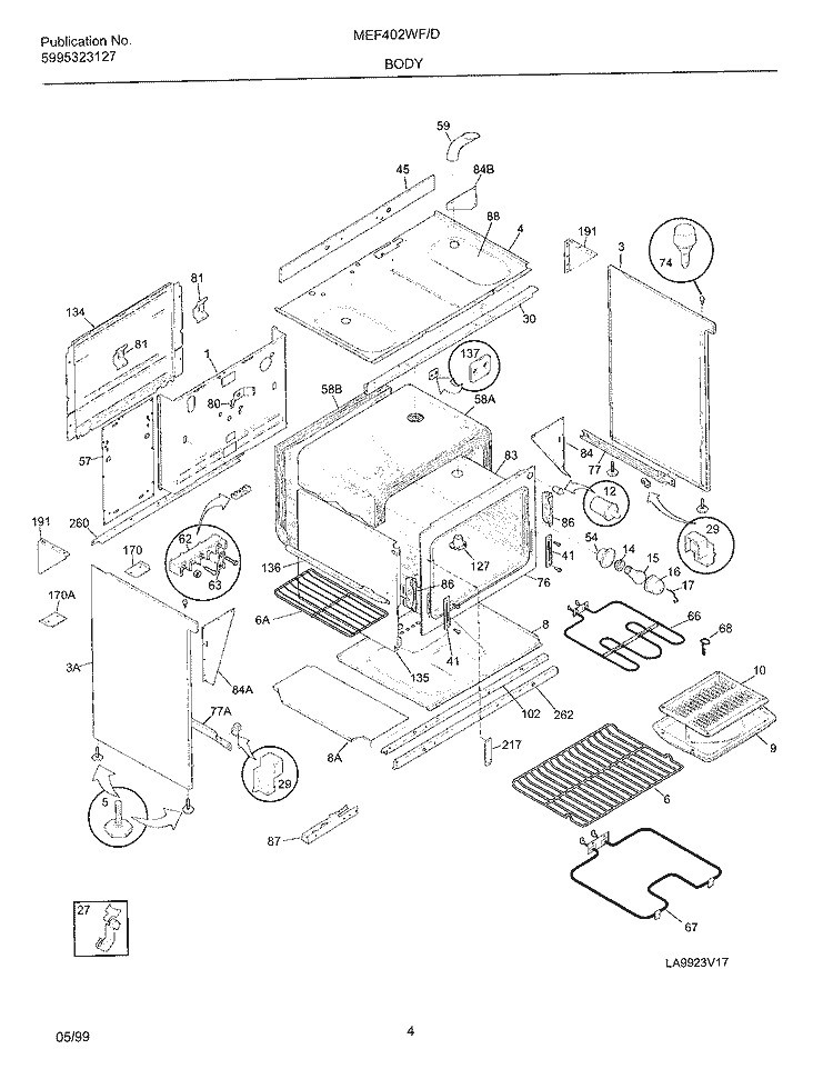 BODY Diagram and Parts List for MEF402WFW3  Frigidaire Range