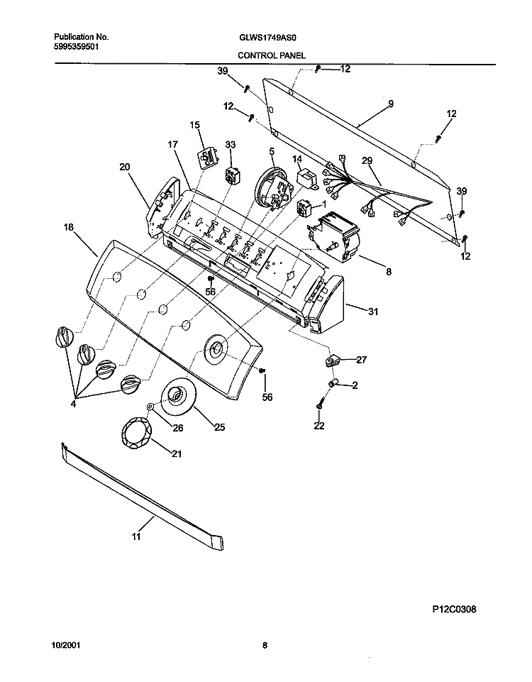 CONTROL PANEL Diagram and Parts List for GLWS1749AS0  Frigidaire Washer