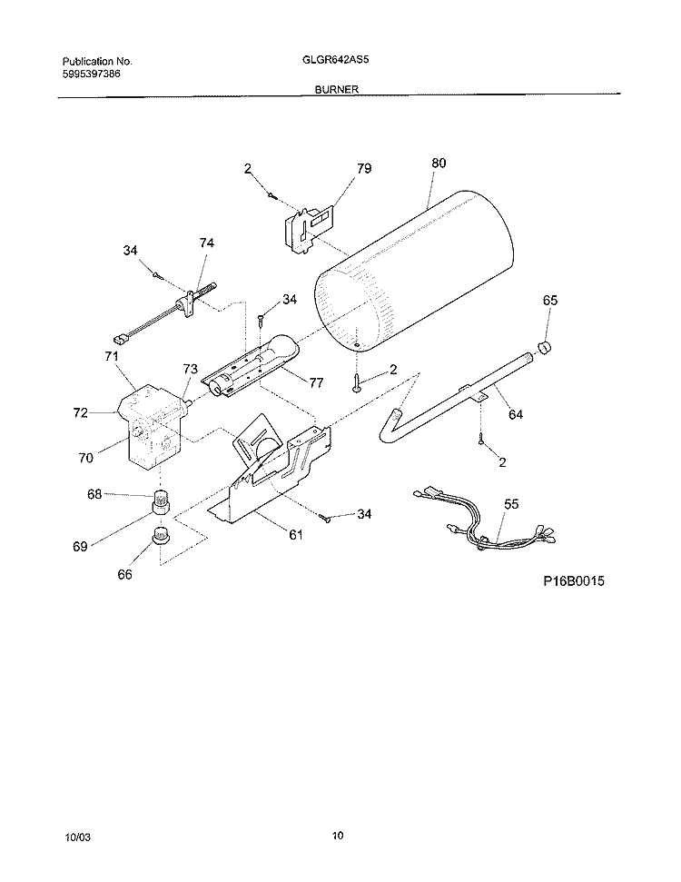 BURNER Diagram and Parts List for GLGR642AS5  Frigidaire Dryer