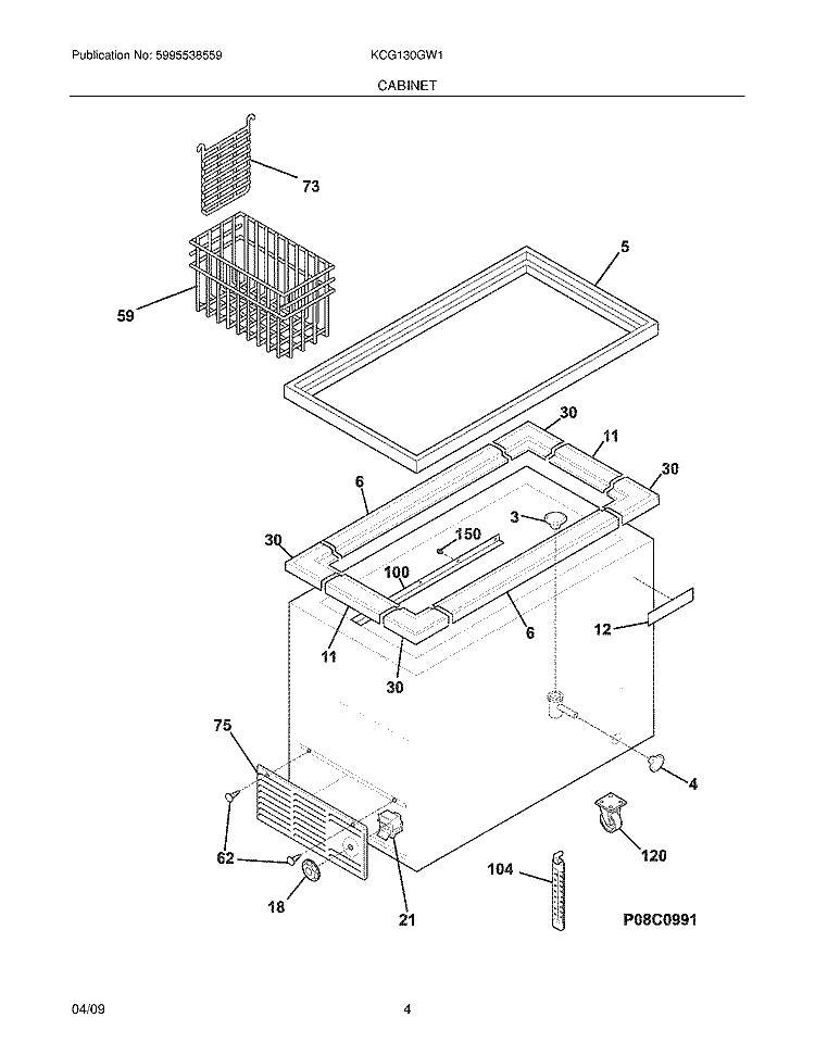 CABINET Diagram and Parts List for KCG130GW1  Kelvinator Freezer