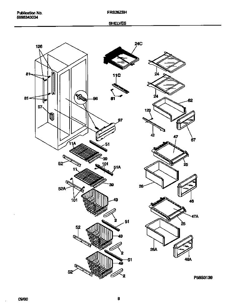 SHELVES Diagram and Parts List for FRS26ZSHB4  Frigidaire Refrigerator