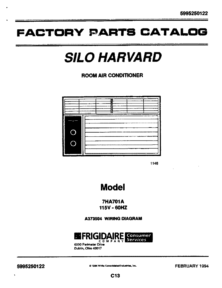 COVER Diagram and Parts List for 7HA701A  Frigidaire Air Conditioner