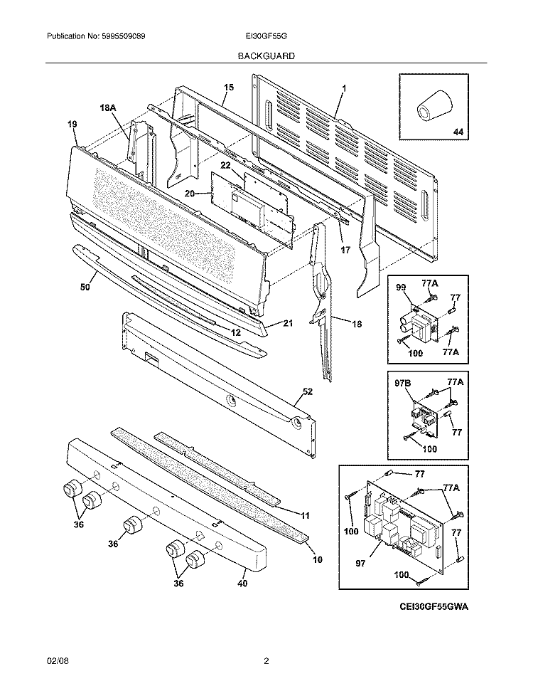 BACKGUARD Diagram and Parts List for EI30GF55GWA  Electrolux Range