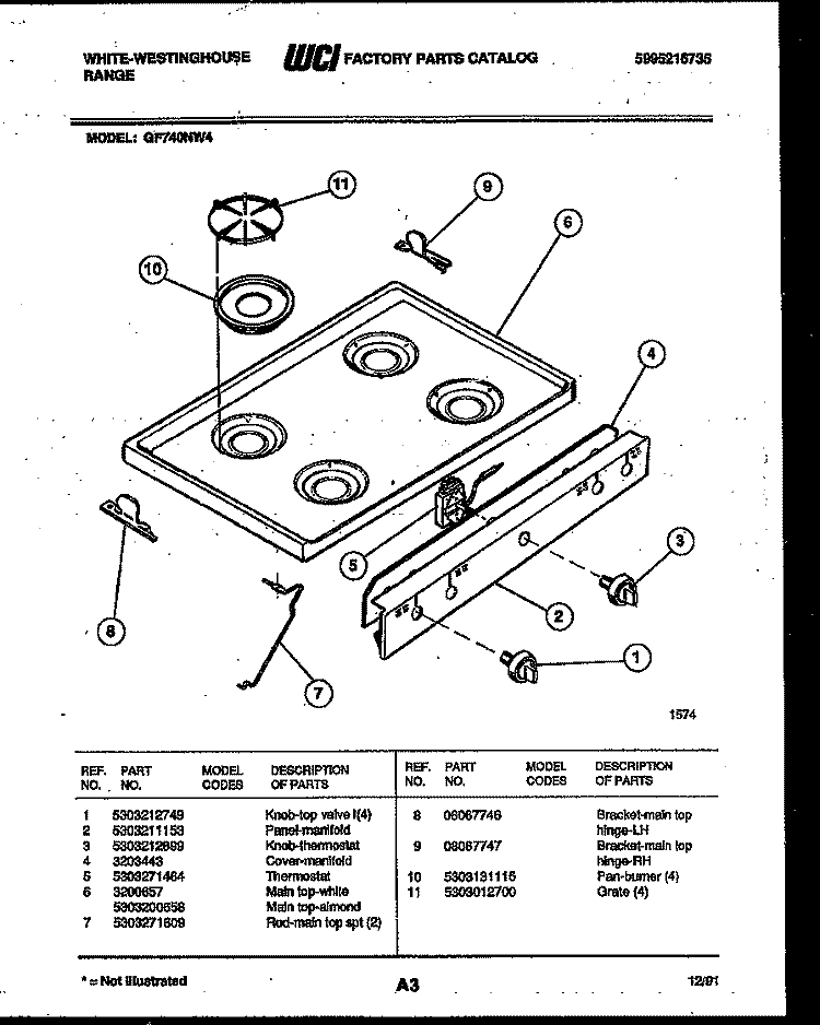 COOKTOP PARTS Diagram and Parts List for GF740ND4  Frigidaire Range