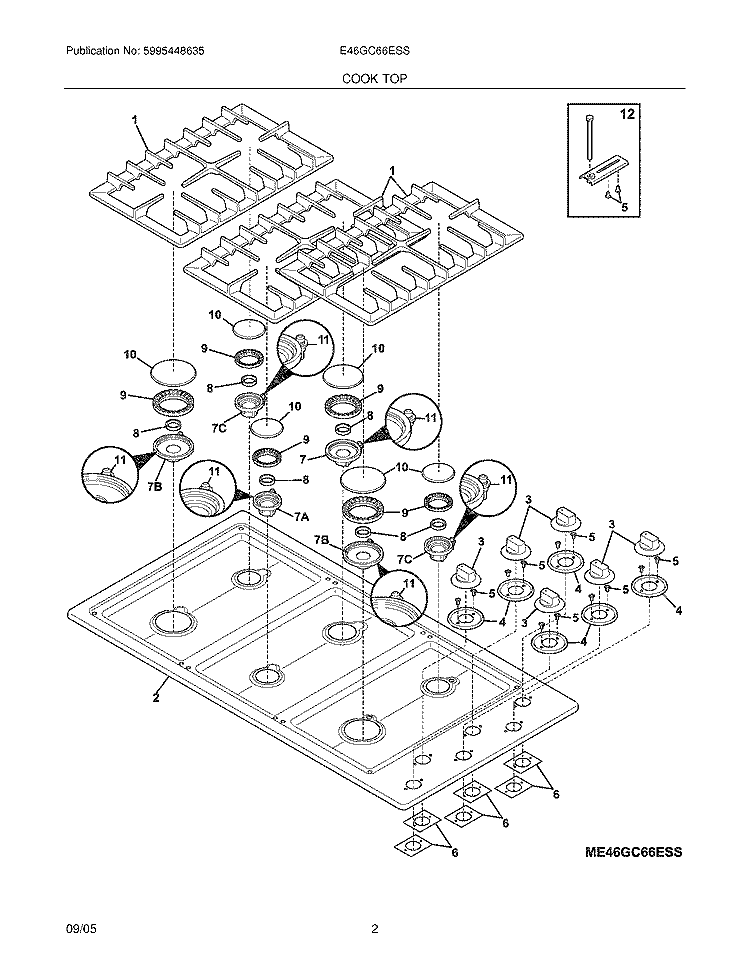 MAINTOP Diagram and Parts List for E46GC66ESS  Electrolux Cooktop