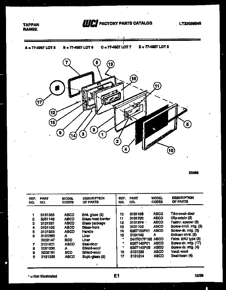 LOWER OVEN DOOR PARTS Diagram and Parts List for 77-4957-00-08  Tappan Range